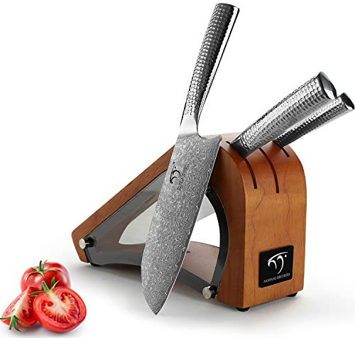 4 Pieces Damascus Kitchen Knife Set With Block - 8 Chef, 7 Santoku, 3.5 Paring, 3 Slots Natural Wood Block, 67 Layer Handmade Damascus VG10 Steel Core, Hammered Ergonomic Handle