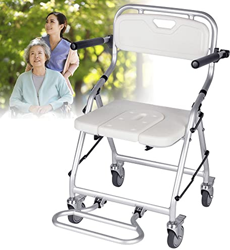 VFDZ Sedia da Doccia per Anziani con Rotelle, Sedia da Doccia con Schienale e Braccioli Estraibili, Sedile per Vasca da Bagno, Sedia da Toilette Pieghevole - Ausilio Supporto per Anziani