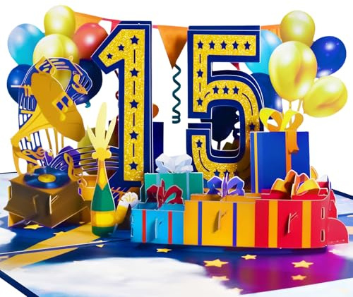Greeting Art födelsedagskort 15 år, 15. Födelsedagskort, 3D popup-kort 15 födelsedag, Grattis på födelsedagen kort för flickor pojke vänner romantik presentkort