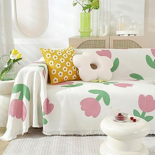 Mesnt Couchbezug 3 Sitzer, Chenille Sofaschoner Überwurfdecke Sofaschutz für Katze/Hunde mit Blumen- und Blattmuster mit Quaste Grün Pink, 180x300CM