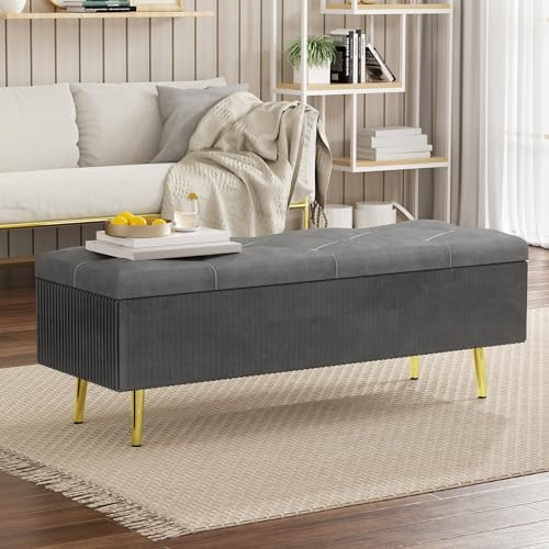 T Triple Maple Sitzbank mit Stauraum, 120cm T x 40cm B x 45cm H, Samt Bank mit Stauraum, für Schlafzimmer, Wohnzimmer, Flur und Kleidersaal, grau