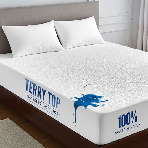 LUX Décor 100% Waterproof Twin XL Terry Mattress Protector – Soft, Noiseless Terry Cloth Top, Absorbent Breathable Mattress Cover, 16 inches Fitted Deep Pocket