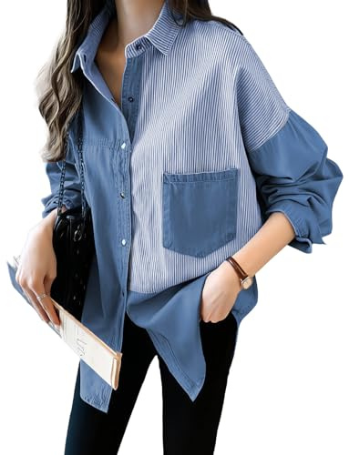 MGizo DtiSpectrum Camicia da Donna in Finto Denim di Cotone Puro - Camicia a Righe Oversize con Bottoni, Maniche Lunghe e Bottone Automatico in Metallo, Blu Denim, Camicetta Patchwork
