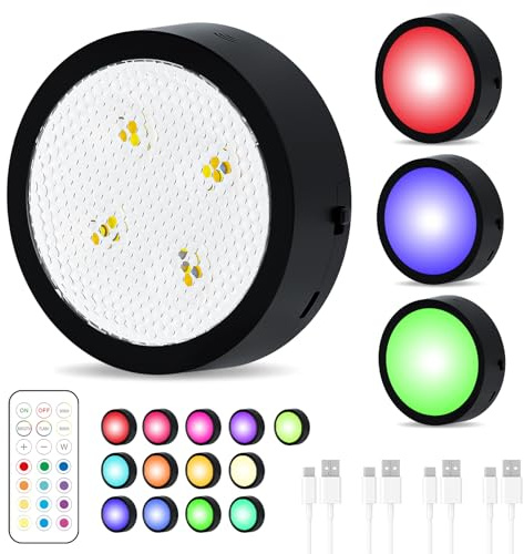 Led Vitrinenbeleuchtung kabellos,USB Aufladbar LED Spots Akku mit Fernbedienung,Küchenunterbauleuchte Nachtlicht mit Bewegungsmelder,Dimmbar Indirekte Beleuchtung mit Timer Schrank (4, RGB-black-4p)