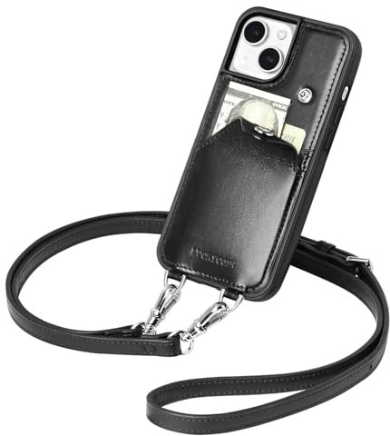 LUCKYCOIN Leather Wallet Phone Case for iPhone 15 with Wrist Strap/Card Holder,Genuine Leather Travel Crossbody Case for Women,Purse Cover for Girl,Pouch Case with Adjustable Neck Cord-Black