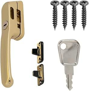 FixRello Fastener Casement Window Handle for Timber Surfaces | with Key, Mount/Wedge and Screws for Easily Installation and Security (2, Gold)
