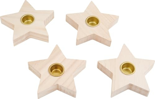 VBS Stabkerzenhalter Stern, 4 Stück, Rohholz, ideal für Adventskranz und Tischdeko, DIY Holz-Kerzenhalter für Stabkerzen, perfekt zum Basteln und Dekorieren