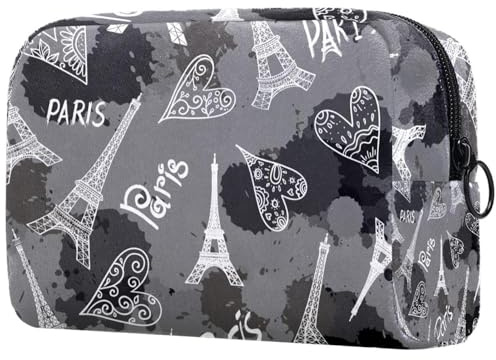 Trousse à maquillage grise avec motif de la tour de Paris pour femme, trousse de toilette de voyage, grande trousse de maquillage pratique avec fermeture éclair, multicolore,