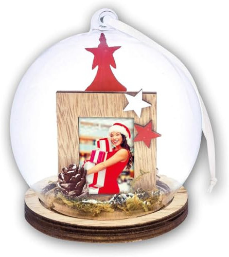 Weihnachtskugel mit Foto, Glaskuppel mit Holzsockel mit Holzrahmen, personalisierbar mit Foto, zum Aufhängen oder Aufstellen (001)