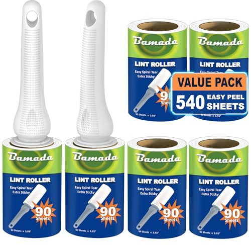 Rodillo quitapelusas Bamada, 540 Hojas, extrapegajoso portátil, quitapelusas para Ropa, Gatos, Perro, Rodillo de Pelusa, Pelo de Animales (Blanco)