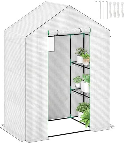 Outsunny Walk-in Greenhouse with 3 Tier 4 Shelves, Small Greenhouse with Reinforced PE Cover, Garden Plant Growhouse with Roll-up Door and Three Mesh Windows, 143 x 74 x 190 cm, White