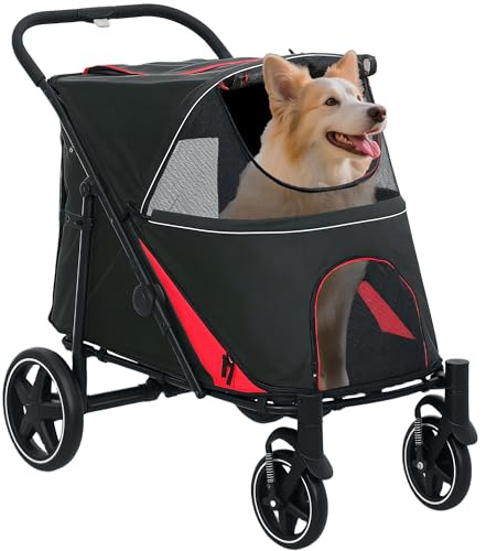 PawHut Poussette pliante à 4 roues pour chiens de taille moyenne avec entrées à fermeture éclair et fenêtres en maille, poussette en acier et tissu Oxford pour animaux de compagnie, 112x65x100 cm,