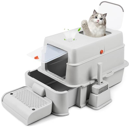 Bartuke Lettiera per gatti in acciaio inossidabile, vaschetta metallica con bordi alti e cassetto estraibile, paletta, pedale filtro, ingresso superiore e laterale, facile da pulire (Grigio)