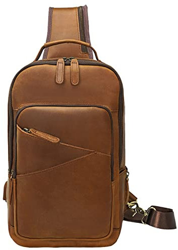 BHBYAFASH Crossbody Brusttasche, Herren Schlinge Rucksack Sling -Beutel Vintage echte Leder -Chest -Bag -Umhängetasche Crossbody Sports Wanderweg Fahrrad -Daypack