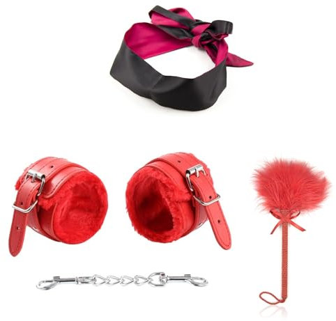 Federpeitsche - Plüsch Leder Handschellen - Satin Augenklappe 3er Set