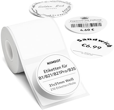 NIIMBOT Etiketten für B1 B21 B3S Etikettendrucker, 31 x 31mm 210 Etiketten pro Rolle, 1 Rolle Selbstklebender Etikettenband Thermo-Etikettenband für Supermärkte, Einzelhandel, Büro, Weiß, Rund