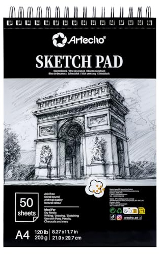 Artecho Skizzenbuch A4, 50 Blatt, Zeichenblock 200 g/m², Sketchbook für Sketch, Lernen, Drawing, Künstlerbedarf für Künstler, Gebunden