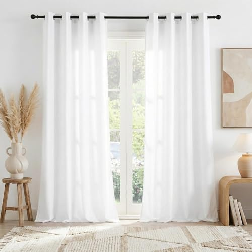 PONY DANCE Weiße Halbtransparente Gardinen mit Ösen Vorhang Sichtschutz | 2er Set, H220 x B140 cm, Sonnenschutz, Atmungsaktiv, Voile Gardinen, Semi Sheer, für Schlafzimmer Wohnzimmer Kinderzimmer