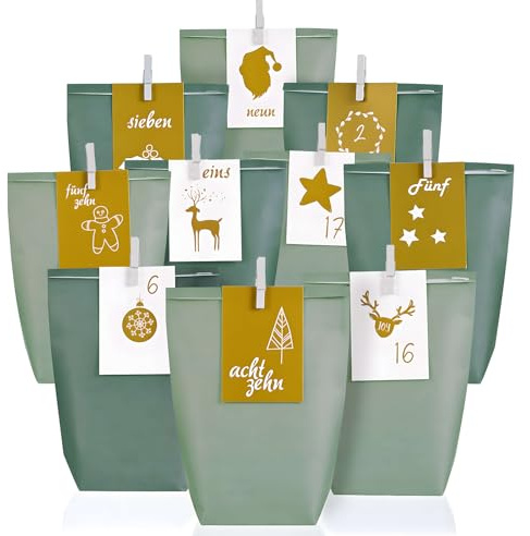 Adventskalender zum Befüllen - 24 Eukalyptus Grün Geschenktüten XXL mit 24 Zahlenkarten & Holzklammern - Weihnachtskalender zum Selber Befüllen für Kinder & Erwachsene, Wiederverwendbar