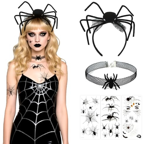 HUKUMA Halloween Haarreif,Spinnen Haarreif mit Tattoos Halskette,Halloween Kopfschmuck für Erwachsener Damen, Spinnenkostüm Accessoires für Karneval Fasching Cosplay