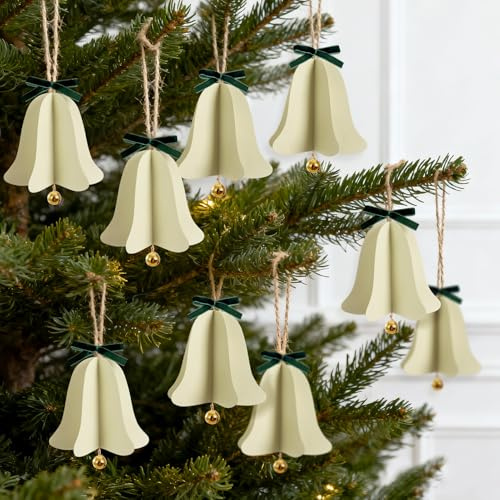 9 Stück Weihnachtsbaum Deko, 3D Weihnachtsglocken Ornament, Mini Papier Aufhängen Fächer mit Glöckchen Deko Boho Papier Ornament für Home Winter Geschenke Weihnachten