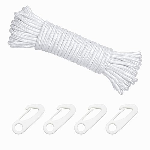 leruiyezs Corda per Pennone in Nylon da 15 Metri con 4 Ganci Inclusi Corda Bianca Resistente agli Strappi per Esterni Campeggio Giardino Asta per Bandiera Fissaggio Sicuro e Multiuso