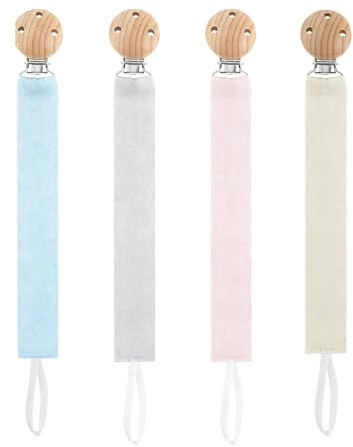 4 Pack Dummy Clip, Mam Dummy Clips for Babies, Pacifier Clips, Soft Cotton Fabric Clips, Secure Dummy Straps for Prams and Car Seats, Assorted Colours (Milk, Grey, Pink, Blue)
