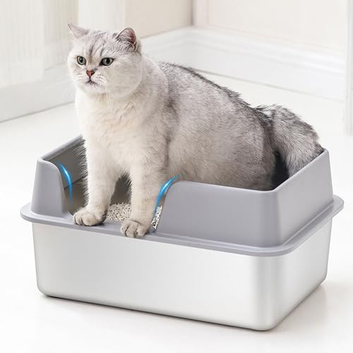 Ejoyous Katttoalett i Rostfritt Stål, XL Rostfritt Stålkull med Ett Lock med Högväggad LED -toalett Gjord Av Metall, Förhindrar Kull och Urin, för små Till Medelstora Katter (Liten storlek grå)