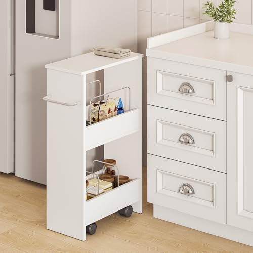 [en.casa] Chariot de Rangement à roulettes avec 2 Étagères Organisateur avec Poignée Pratique Freins d'Arrêt Peu Encombrant Cuisine Buanderie Salle de Bains MDF Métal Plastique 67 x 40 x 20 cm Blanc