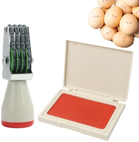 DULZEN Timbro a rullo con numeri Timbro Datario a Forma di Uovo Kit Timbro Datario per Uova Fresche con Tampons D'encre Rouge Applicabile per Uova/Uova di Anatra e Varie Etichette di Carta