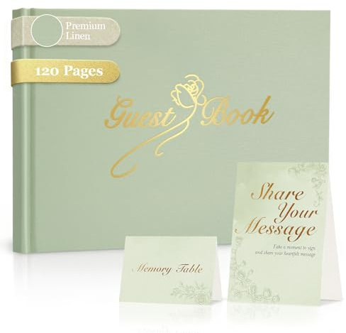 Wedding Guest Book Set – Sage Green Linen Hardcover, Gold Foil, 120 Blank Pages, Welcome Card, Table Sign & Belly Band, 21.5 x 14.5 cm – for Weddings, Christenings & Birthdays