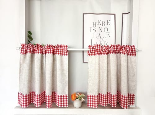 Daliena Scheibengardine 2er Set Kariert Kurzgardine BxH90x45cm Rot | Bistrogardine Leinenoptik, Küchengardine Landhausstil Gardine Retro Vintage, Fertige Kleinfenster Gardinen 2 Stück