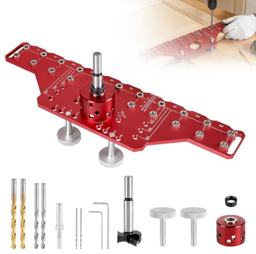 Lange Regalstift-Bohrschablone & 35mm 2 in 1 Scharniervorrichtung | Bohrschablone Regalstifte für Doppeltürschränke & große Möbel, Bohrvorrichtung Aluminium Präzision mit 5mm & 1/4” Bohrern