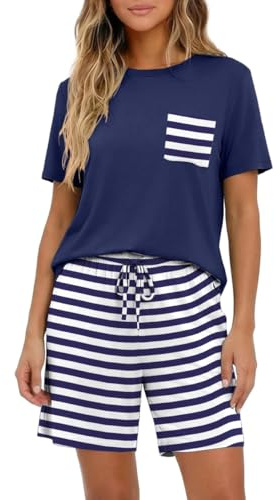 PrinStory Pijama de mujer corto de manga corta conjunto de pijamas de cuello redondo ropa de estar por casa de verano ropa de dormir camiseta y pantalones cortos, XL