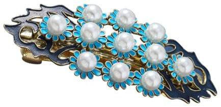 Sewroro Vintage Chinese Hair Barrettes Spring Clip with Blue Flame Pearl Flower Pattern, Handmade Traditional Hair Accessories for Women, Retro Ethnic Style for Weddings and Daily Wear
