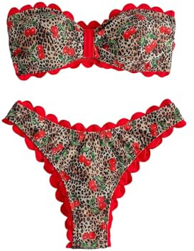 GORGLITTER Women's Cherry Leopard Bikini Set High Cut Thong Strapless Bandeau Summer Cruise Swimsuits Bathing Suit Multicolor Medium