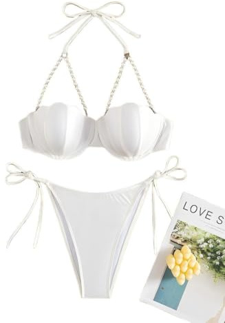 Women's Solid Color Lace Underwire Push-Up Halter Neck Bikini Two-Piece Swimsuit Beach Vacation Swimwear (White,Small)