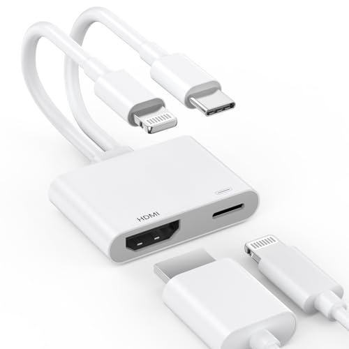 [Certifié Apple MFi] Adaptateur Lightning et USB-C vers HDMI pour iPhone vers TV, 2 en 1 4K @ 60 Hz Lightning Type C Digital AV HDMI Adaptateur Cordon pour iPhone 17 16 15 14 13 12 11 XS XR X vers TV