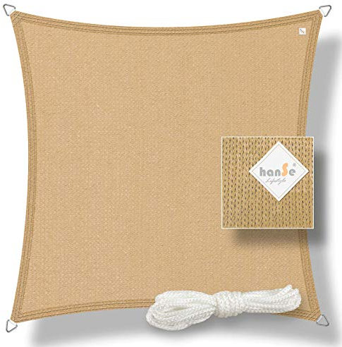 hanSe Sonnensegel quadratisch, Segeltuch Quadrat, 2,5x2,5 m in Sand, aus HDPE Gewebe, wetterbeständig mit UV Schutz und Sonnenschutz für Garten, Balkon und Terrasse