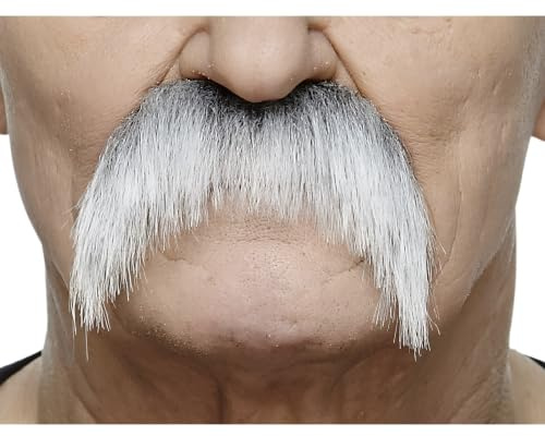 Mustaches Selbstklebender Horsehoe Gefälschter Schnurrbart, Neuheit, Falsche Gesichtsbehaarung, Kostümzubehör für Erwachsene, Grau mit Weiß Farbe