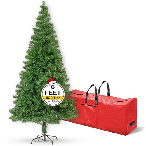 FB FunkyBuys 6ft Artificial Christmas Tree with 800 PVC Tips and Metal Stand, Hinged Spruce Christmas Trees for Indoor Outdoor Easy Assembly - Premium Christmas Decorations with Free Storage Bag.