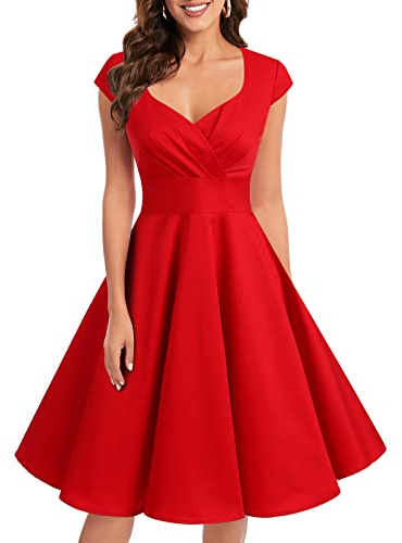 Bbonlinedress 1950-tals vintage retro cocktailklänning, rockabilly, V-ringad, veckad kjol, röd, XXL