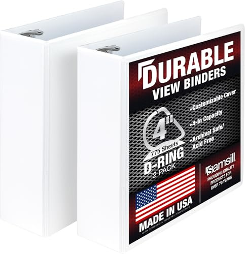 Samsill Durable 4 inch 3 Ring Binder, D Ring Binder, 100% Recycled Chipboard, White, 2 Pack