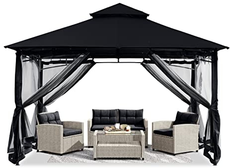ABCCANOPY 3.35x3.35m Gartenpavillon für Terrasse Doppeldachweichdach Garten Hinterhof-Pavillon mit Netz für Schatten und Regen,Schwarz