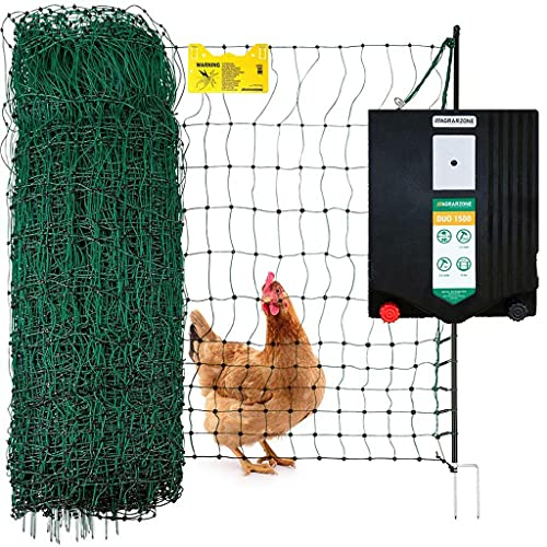 Agrarzone Hühnerzaun Komplett Set mit Weidezaungerät, 50m x 112cm Geflügelnetz - Mobiler Geflügelzaun mit Strom - Langlebig und Robust (12V / 230V)