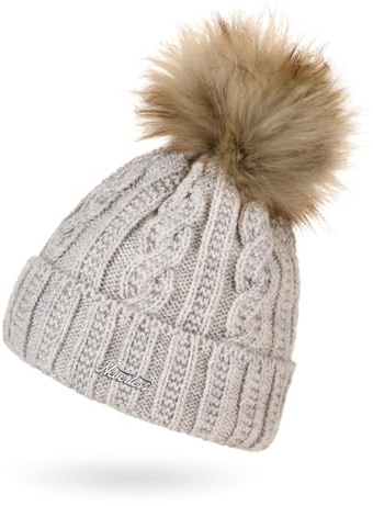 Neverless® Damen Strick-Mütze mit Innenfutter Fleece Fell-Bommel Kunstfell Bommelmütze Zopfstrickmuster Umschlag