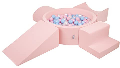 KiddyMoon Area di Gioco in Schiuma con Tondo Piscina di Palline (300 Palline) per Bambini, Rosa:Azzurro/Rosa Claro/Perla