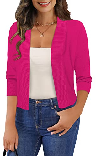GoMamee Women's 3/4 Sleeve Cropped Hot Pink Cardigan Shrug Sweaters