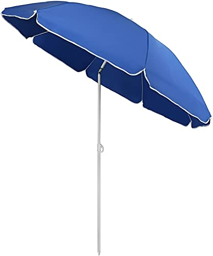 Unibos | 1.8m Beach Umbrella with Umbrella Cover, Stable Parasol with Eight Ribs for Balcony, Garden & Patio. Tilt Angle and Height Adjustable | New