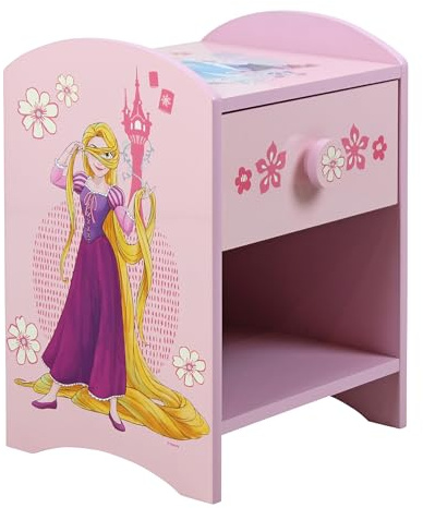 Disney Prinzessin Vaiana und Rapunzel Nachttisch, stabile Holzwerkstoff-Konstruktion mit 2-stöckigem Design für reichlich Stauraum, kleiner Beistelltisch mit Schublade und Ablagefach für Kinderzimmer